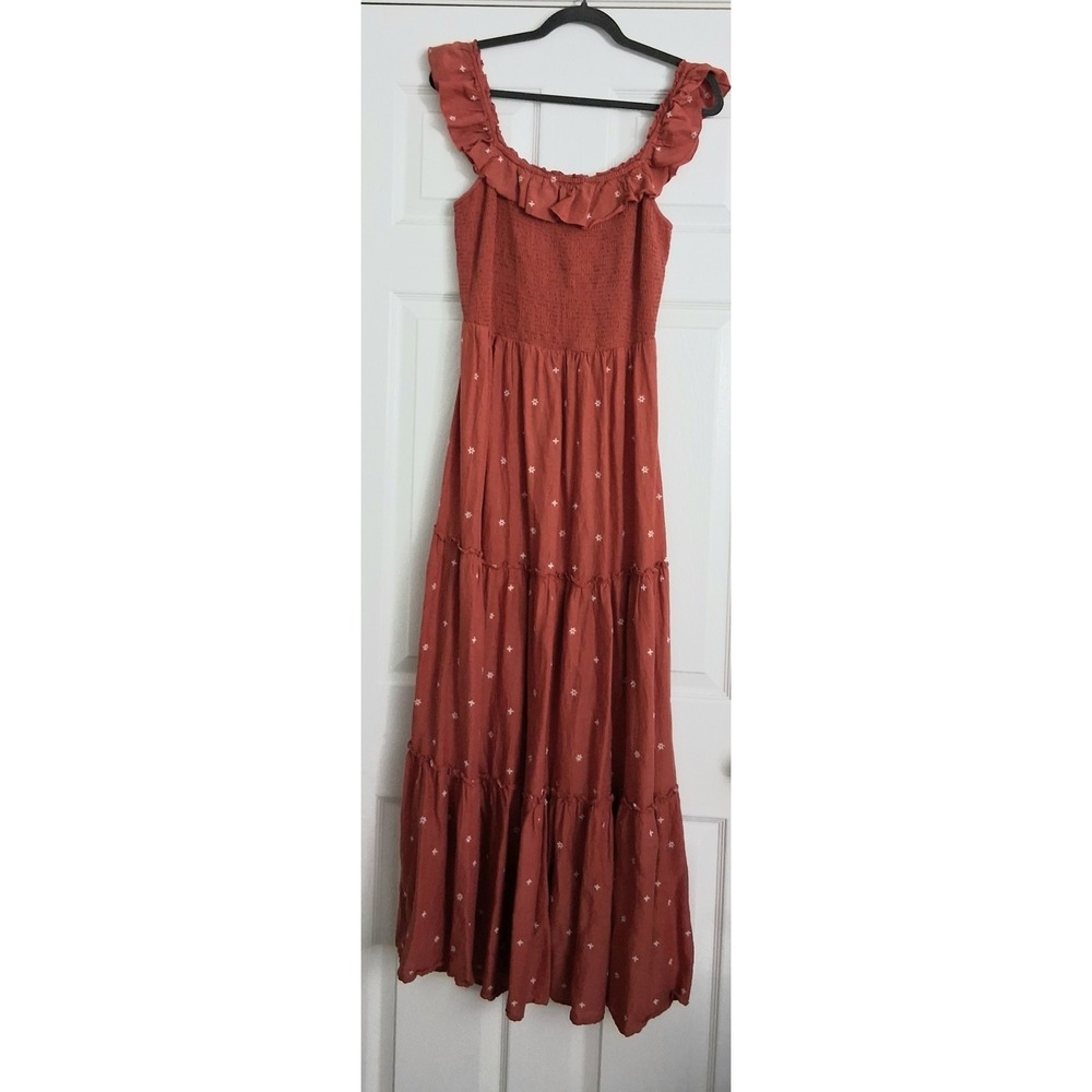 Old Navy Maxi Dress Medium Tall Orange Smocked Embroidered‎ Tiered Cottagecore